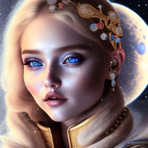 brown eyes, laugh, blonde sophie hennie cute young woman singing at saturns europa moon, golden jewelry, ice cold, winter, magnificent, majestic, highly intricate, incredibly detailed, ultra high resolution, complex 3d render,renaissance painting