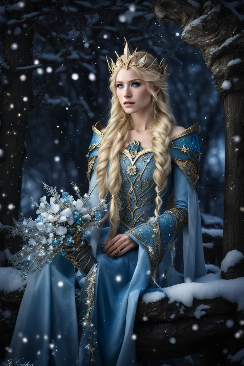 Elven princess,elven crown,long blonde golden hair,rapunzel hair,ice flowers,beautiful,light blue,dark blue,golden armor,sparkle,glitter,ice flowers,snow,elven ears,dark fairy princess