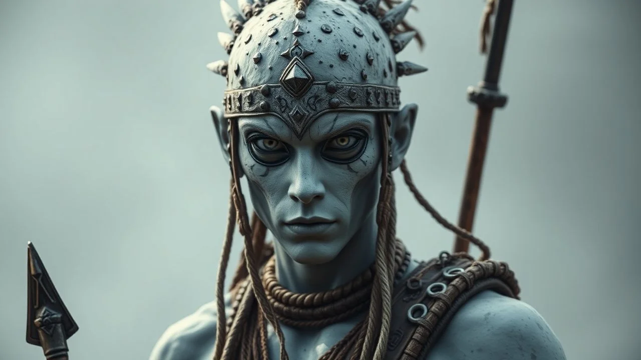 Tribal warrior; White skinned; metal orbs for eyes.