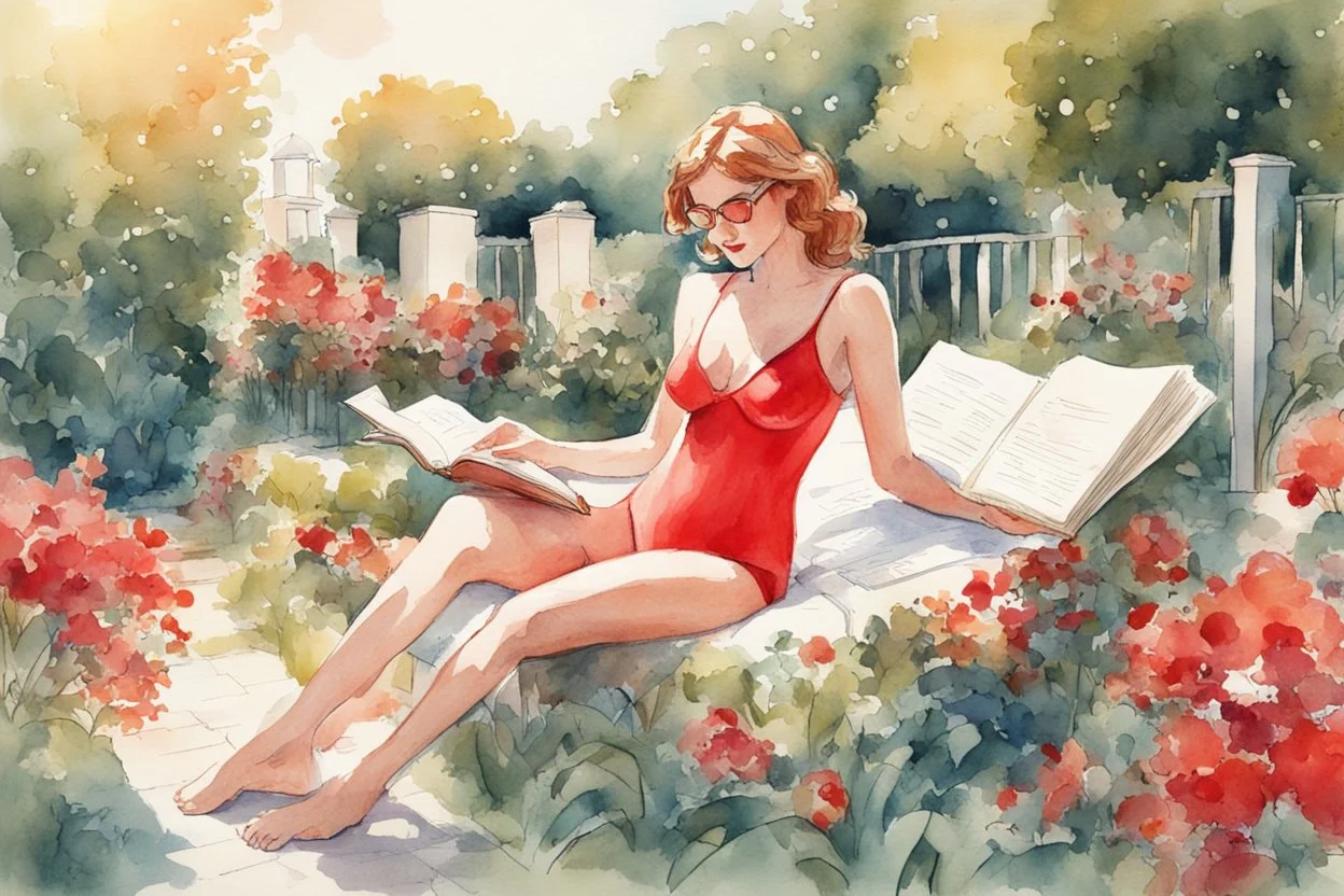 woman in red swimsuit reading a book in a beautiful garden in sunshine style Vittorio Giardino, stylized pen drawing and watercolor