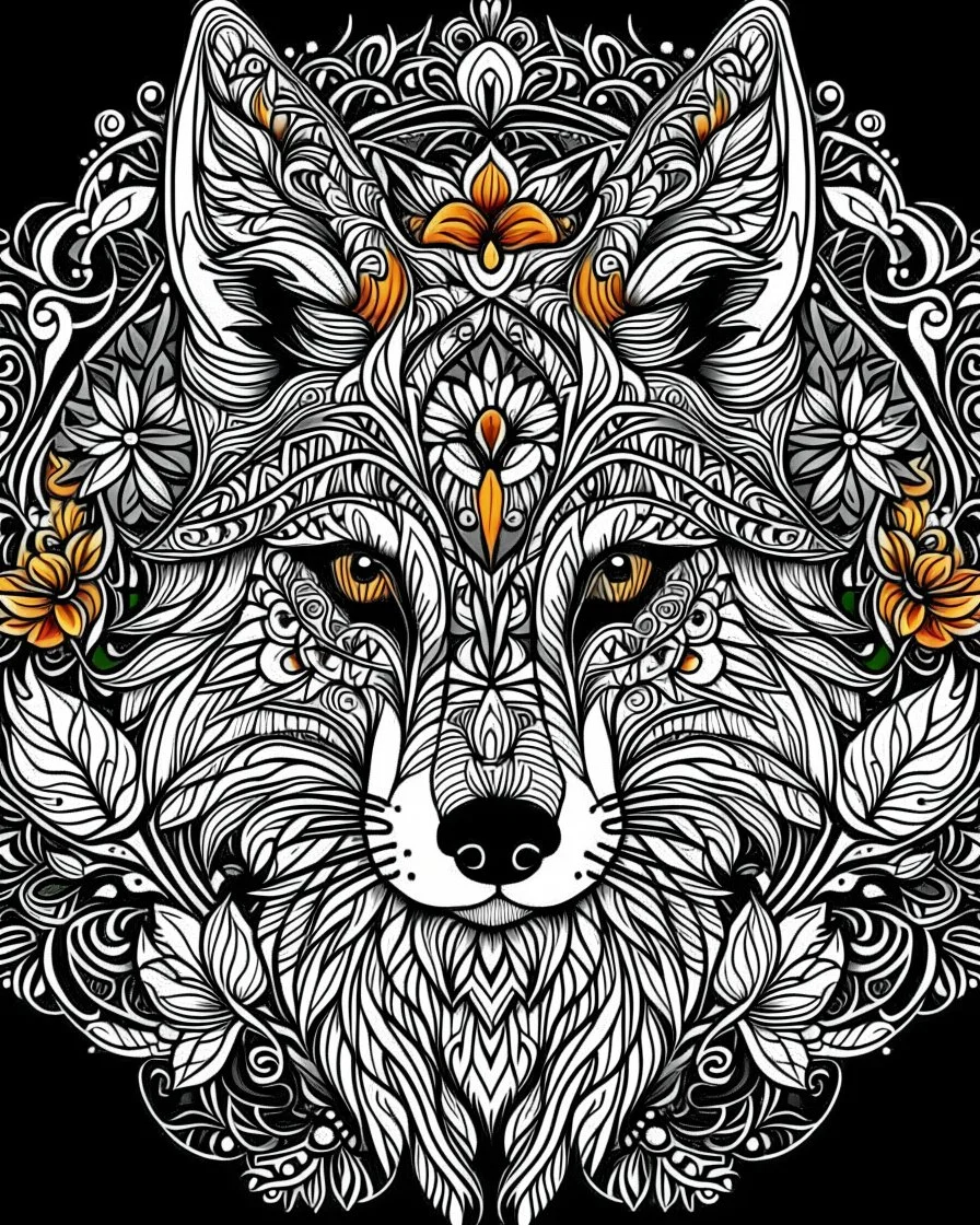 Eurasian wolf ANIMAL Book cover for Adults, mandala, flower, read