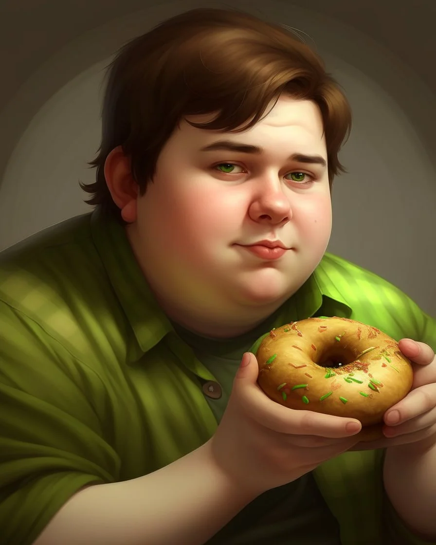 Portrait d'un jeune homme mangeant un grand donut, ultra obèse; cheveux bruns et teint blanc, porte une chemise à carreaux de couleur vert olive. HD portrait, Artstation