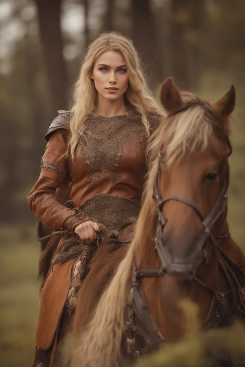 A beautiful woman with blond hair, viking braids Brown leather armor. Horse