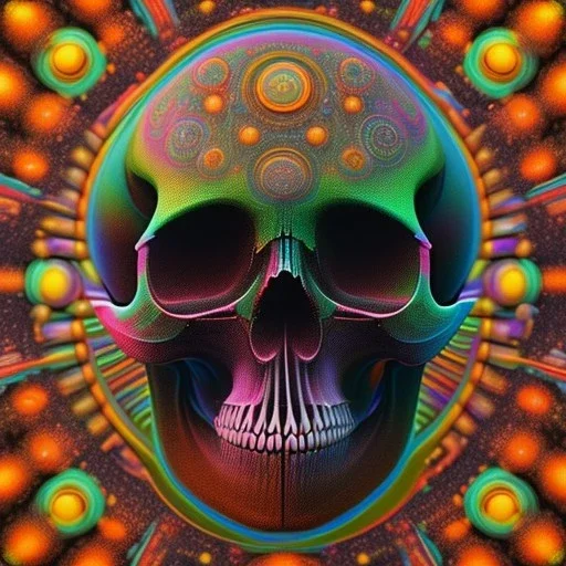 Aleksander Kotsis has created a digital artwork featuring a close-up view of a skull against a colorful background. The psychedelic art piece incorporates elements such as "liquid fire," "yellow infrared," and a "whirling death" to create a vibrant, 70s-inspired aesthetic reminiscent of artist Beeple's style. Additionally, the artwork features elements of colored analog photography and voodoo, resulting in a unique and visually striking composition. The aspect ratio of the artwork is 2:3.