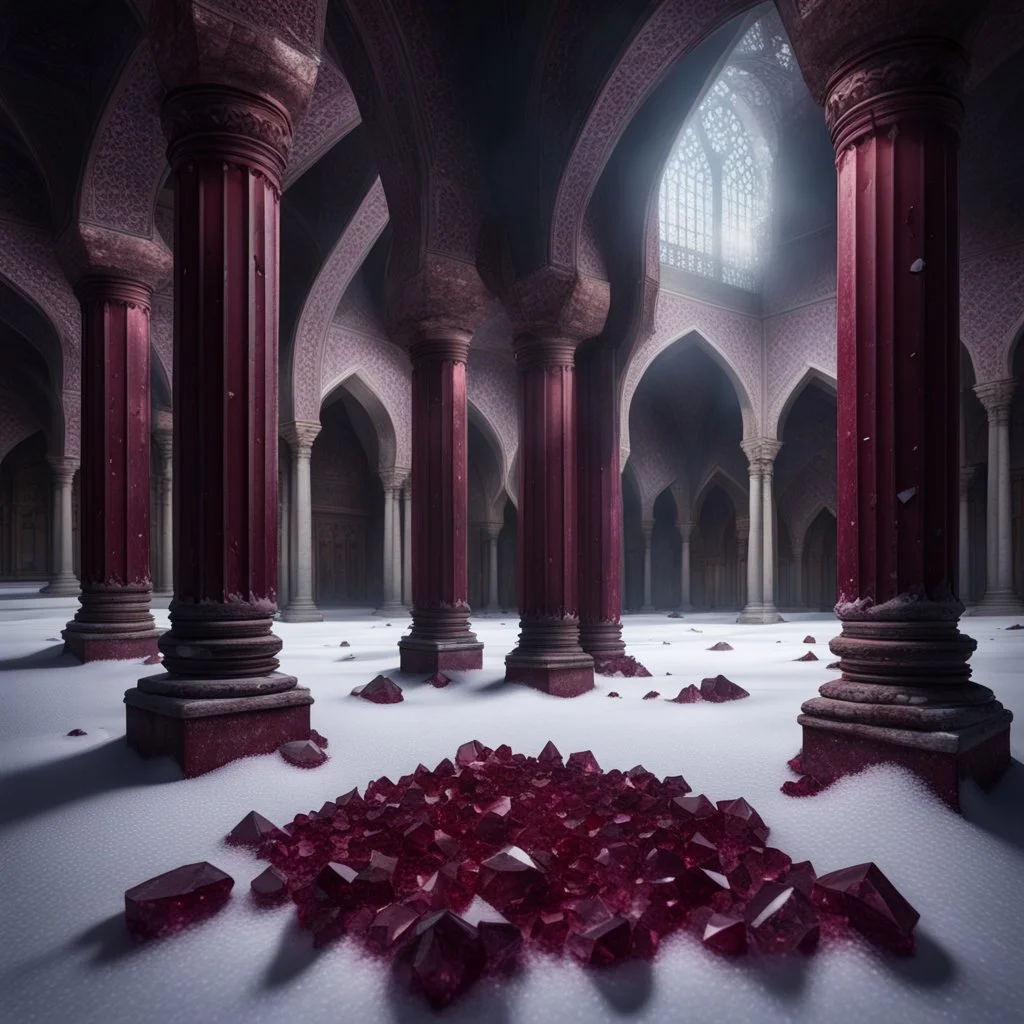 Hyper Realistic Big Maroon Crystals on snow Inside a Dark Abandoned Mosque with beautifully crafted pillars at dark night