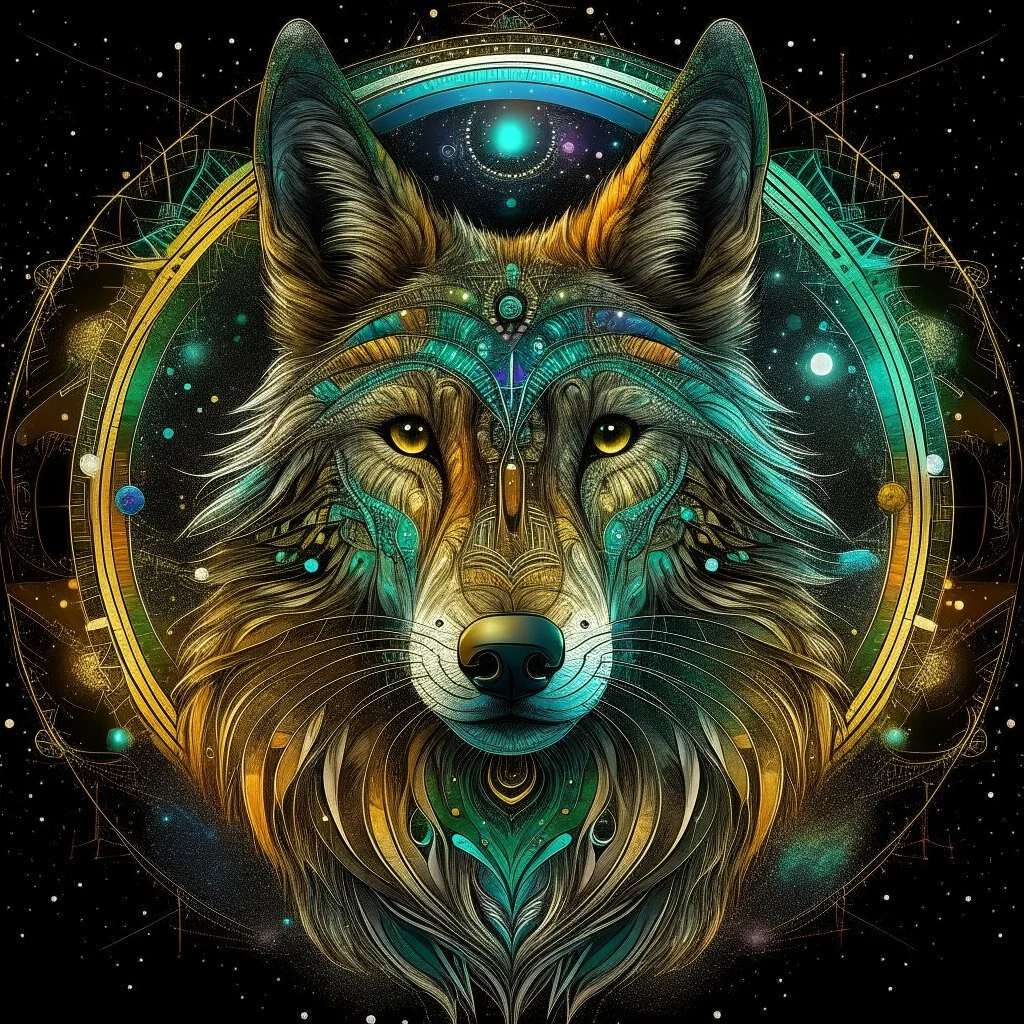 Image of a wolf made up of thousands of very thin glowing lines.Wolf is looking straight at the camera , Symmetrical image, Background is a colorful flowy swirls, golden lines, 3D, alcohol ink effects, sprinkle glitter, pearls, beads. Placed in a glass ball..