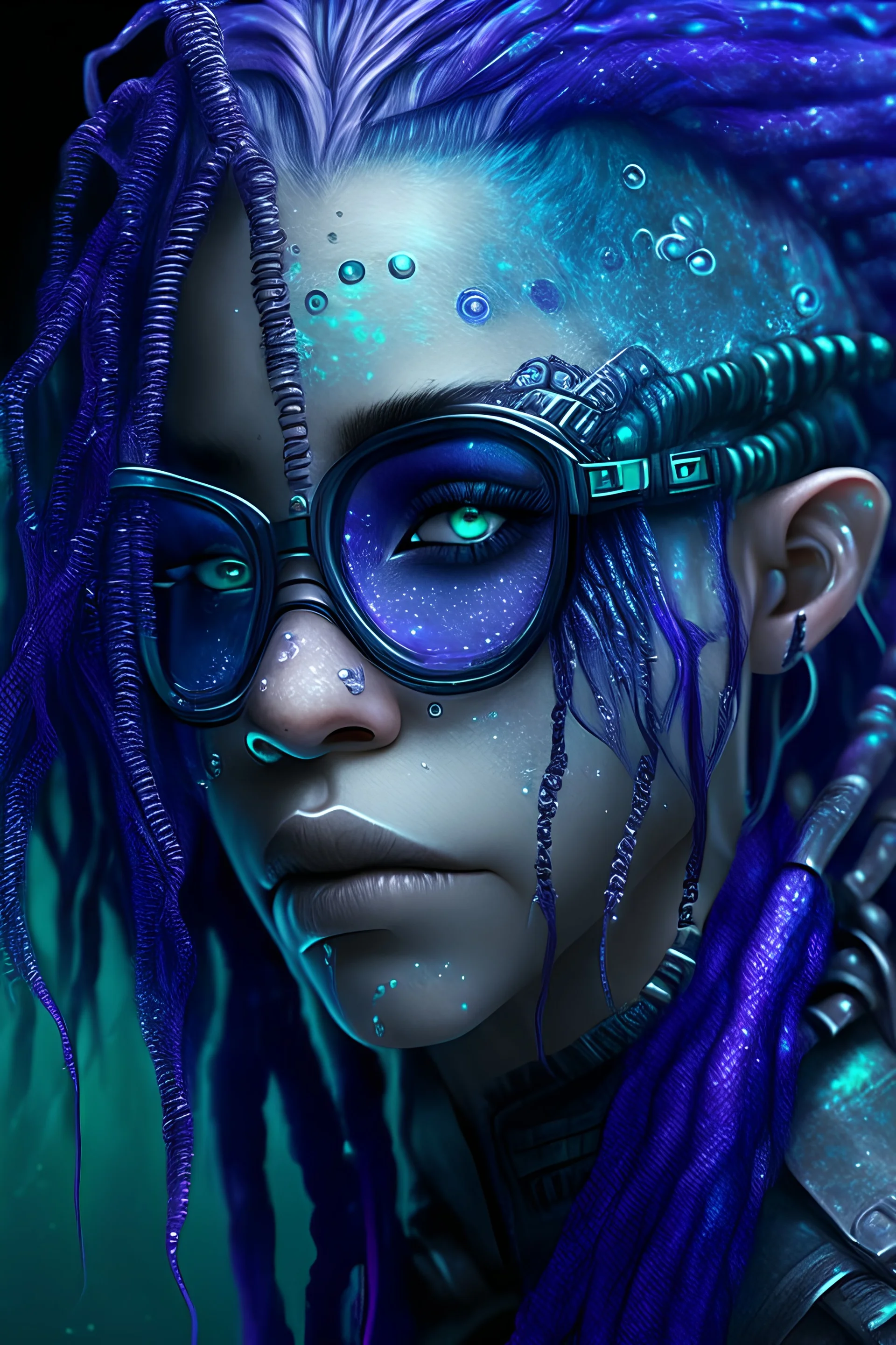 mermaid cyberpunk some fish scales on face indigo hair dreadlock welder's glasses