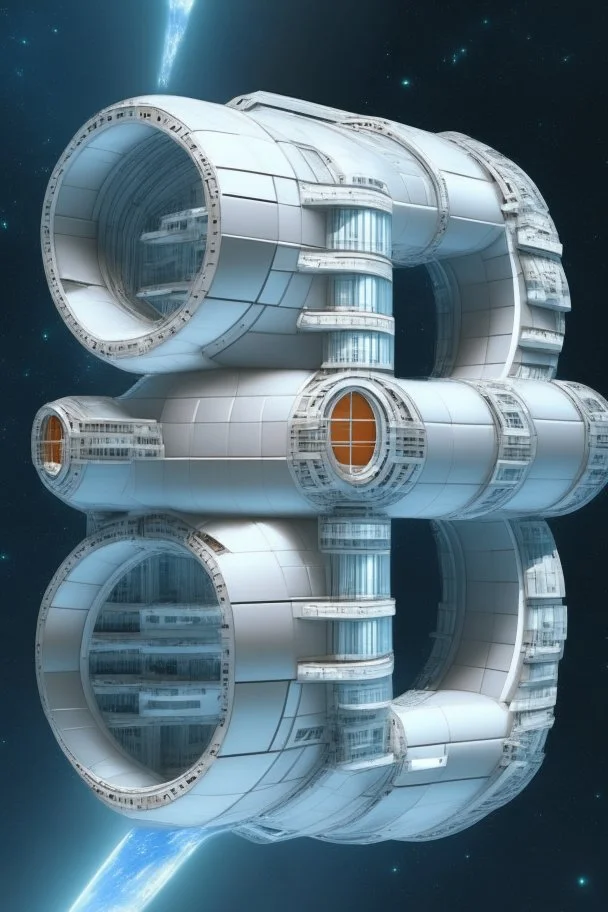 a silver space station shaped like a tube in deep space