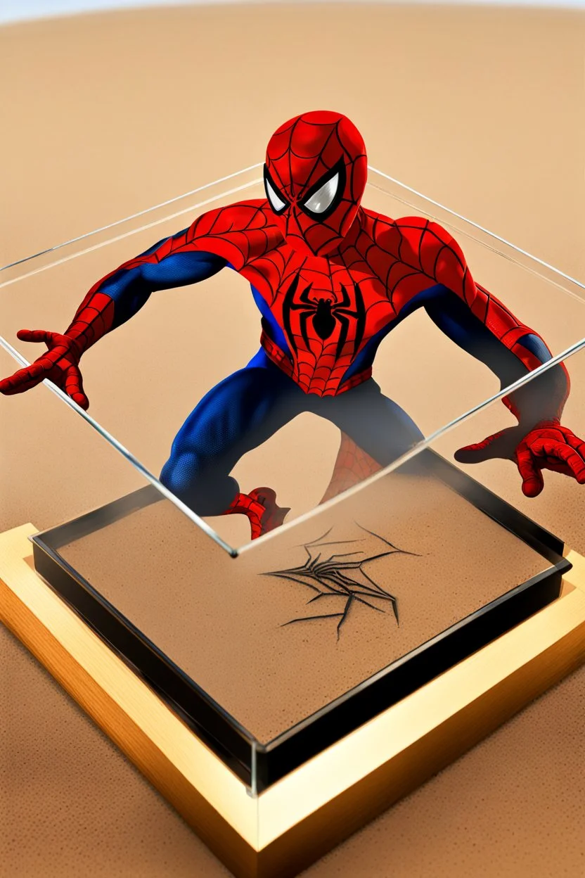 Spiderman's close up footprint lodged within sand in a neat, square display glass box, "spiderman" engraved on small metal plate outside of the box, realistic and highly detailed, 8k