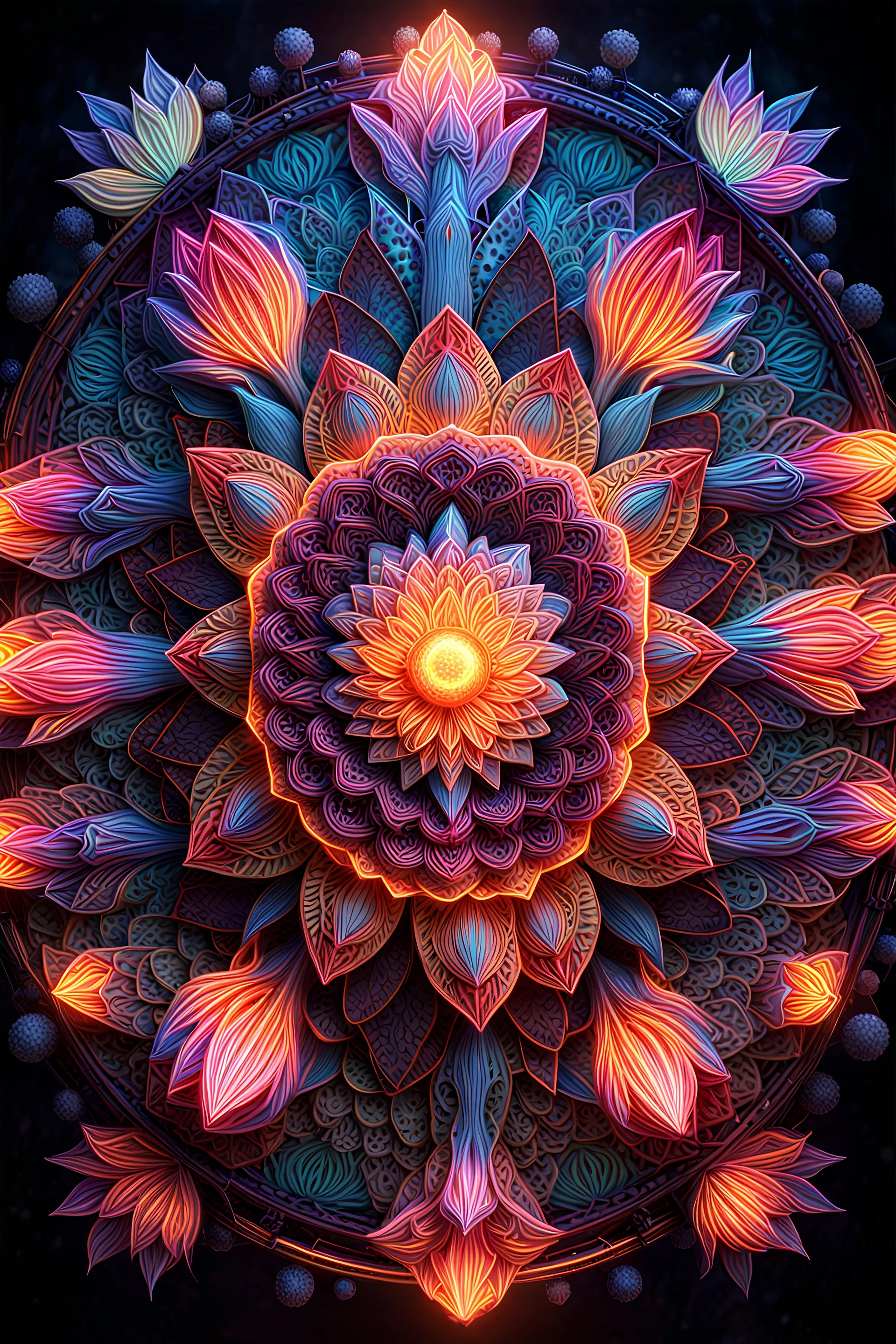 3D rendering of Expressively detailed and intricate of a hyperrealistic “lotus”: symmetric, front view, colorful neon paint, tribalism, shamanism, cosmic fractals, dystopian, volumetric lighting, 8k post-production, detailled metalic objects, dendritic, artstation: award-winning: professional portrait: atmospheric: commanding: fantastical: clarity: 16k: ultra quality: striking: brilliance: stunning colors: amazing depth