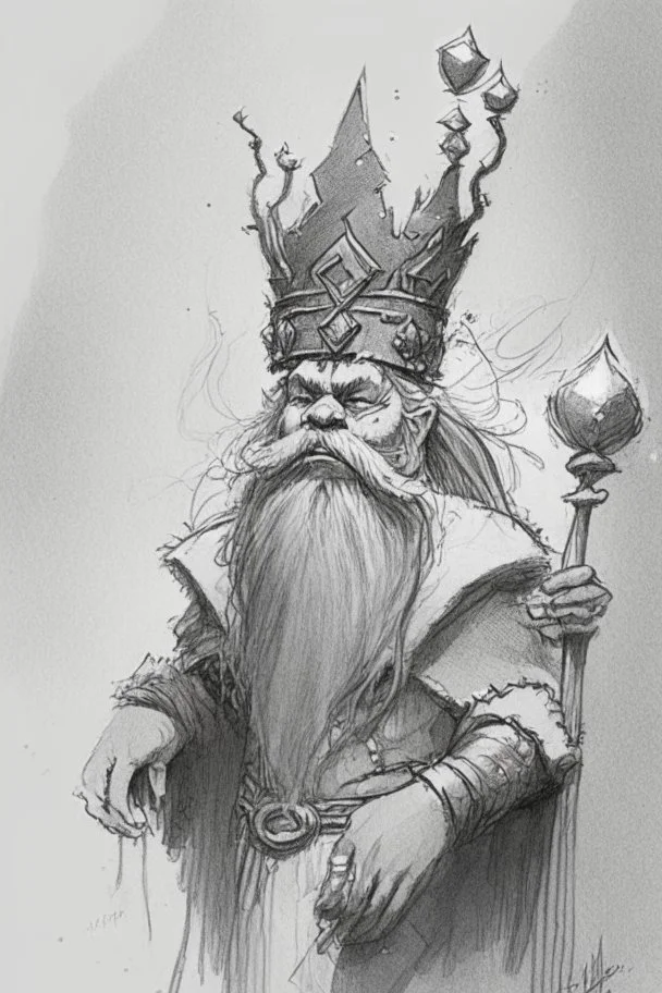 A fantasy sketch of a dwarf wizard holding a crown