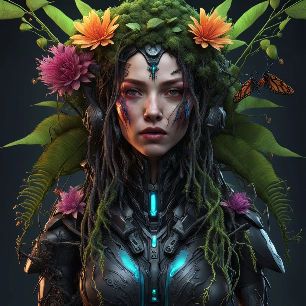 Expressively detailed and intricate 3d rendering of a hyperrealistic: woman, cyberpunk plants and flowers, neon, vines, flying insect, front view, dripping colorful paint, tribalism, gothic, shamanism, cosmic fractals, dystopian, dendritic, artstation: award-winning: professional portrait: atmospheric: commanding: fantastical: clarity: 16k: ultra quality: striking: brilliance: stunning colors: amazing depth