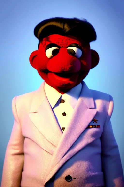 Waist up muppet Portrait, Kim Jong-un as muppet doll, black suit, photo studio, red background, unreal engine 5, concept art, art station, god lights, ray tracing, RTX, lumen lighting, ultra detail, volumetric lighting, 3d.