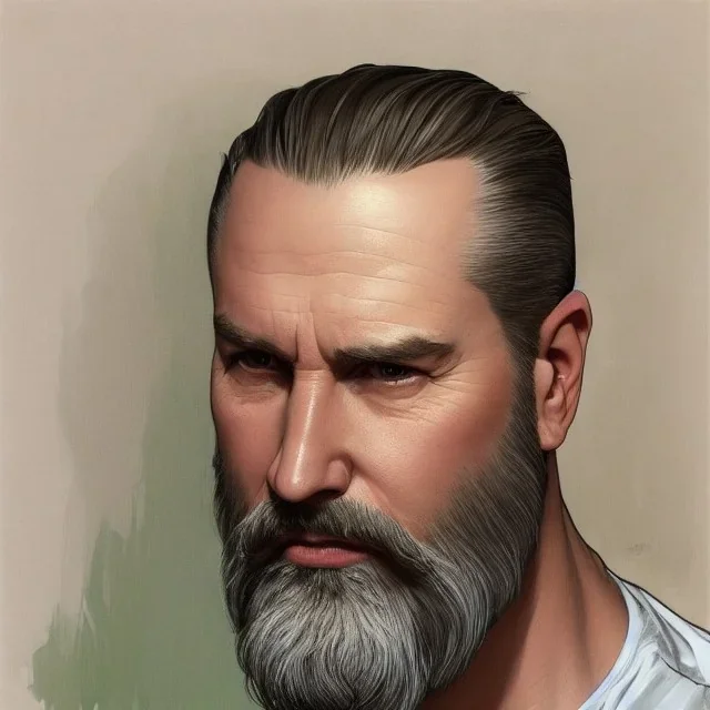 "MIddle aged white human male, with a trimmed but uneven beard, piercing green eyes with slick back hair head and shoulders portrait, 8k resolution concept art portrait by Greg Rutkowski, Artgerm, WLOP, Alphonse Mucha dynamic lighting hyperdetailed intricately detailed Splash art trending on Artstation triadic colors Unreal Engine 5 volumetric lighting Splash art fantasy"