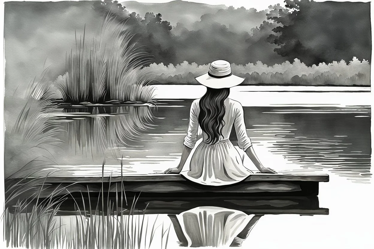 A long hair nice woman in a long vintage dress and hat sitting on the edge of a lake dock looking into the water, her reflection in the water, pale colors, black and white colors, peaceful mood, minimalist background, watercolor, style by Waterhouse, Cezanne, Jian Wu, Claude Monet, Christine Misencik-Bunn