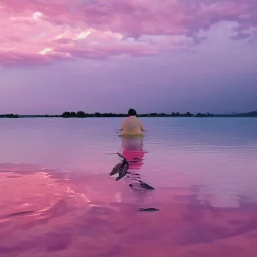 turtle and pink sky and people