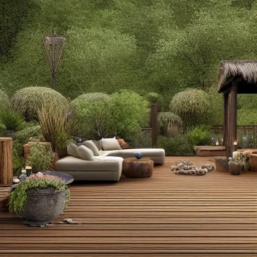 a gorgeous, stunning cozy deck with rustic floor, wicker furniture, tranquil pool surrounded by smooth stones, multiple candles, plants, zen, 8k resolution, high-quality, fine-detail, digital art, detailed matte, volumetric lighting, illustration, 3D octane render, brian froud, howard lyon, selina french, annie stokes, lisa parker, greg rutowski