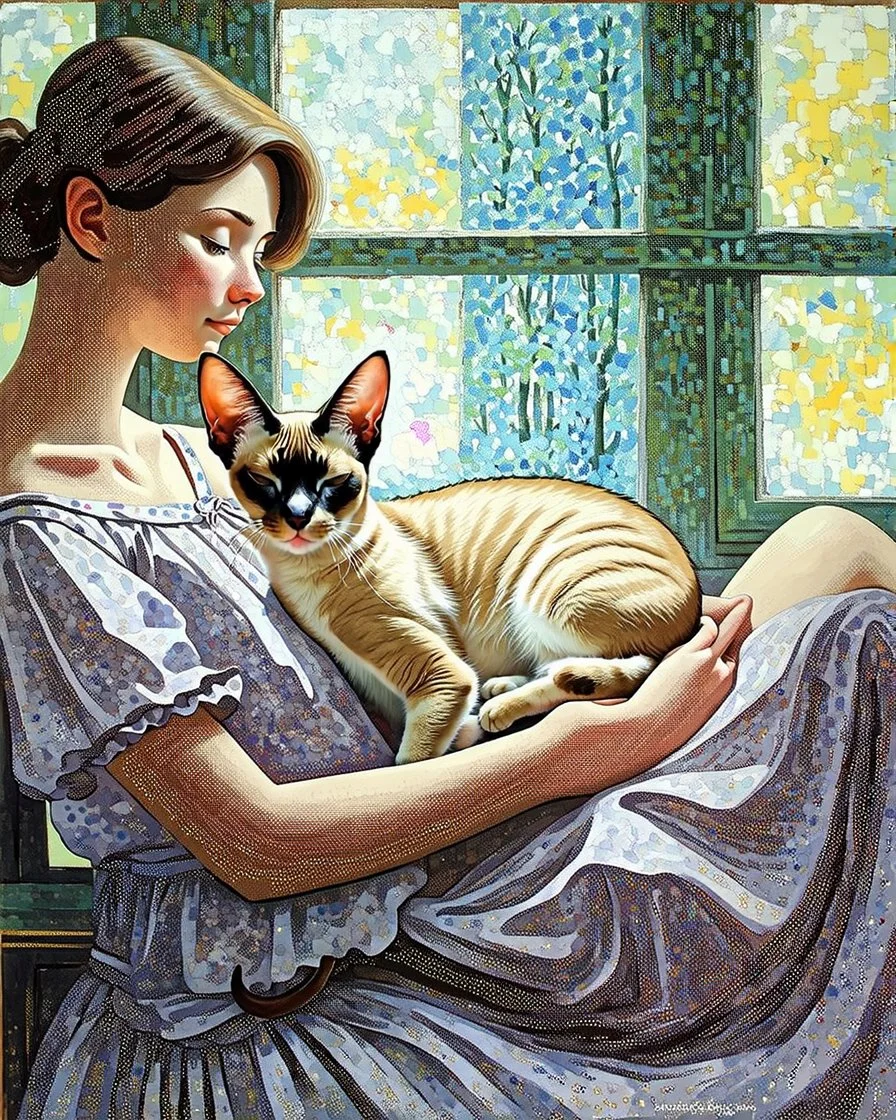 Oriental shorthair Siamese cat sleeps on the lap of a woman in a simple dress, the woman looks out the window, in the style of a Odilon Redon Modifiers: portrait pointillism patchwork 3D, in the style of Henri Rousseau, by Horace Pippin pastel rubbed on coarse-textured paper with watercolour flowing over it