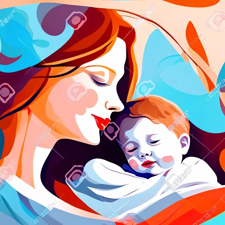 Abstract Mother's Day portrait art Mother and her son abstract illustration Maternal love Baby in