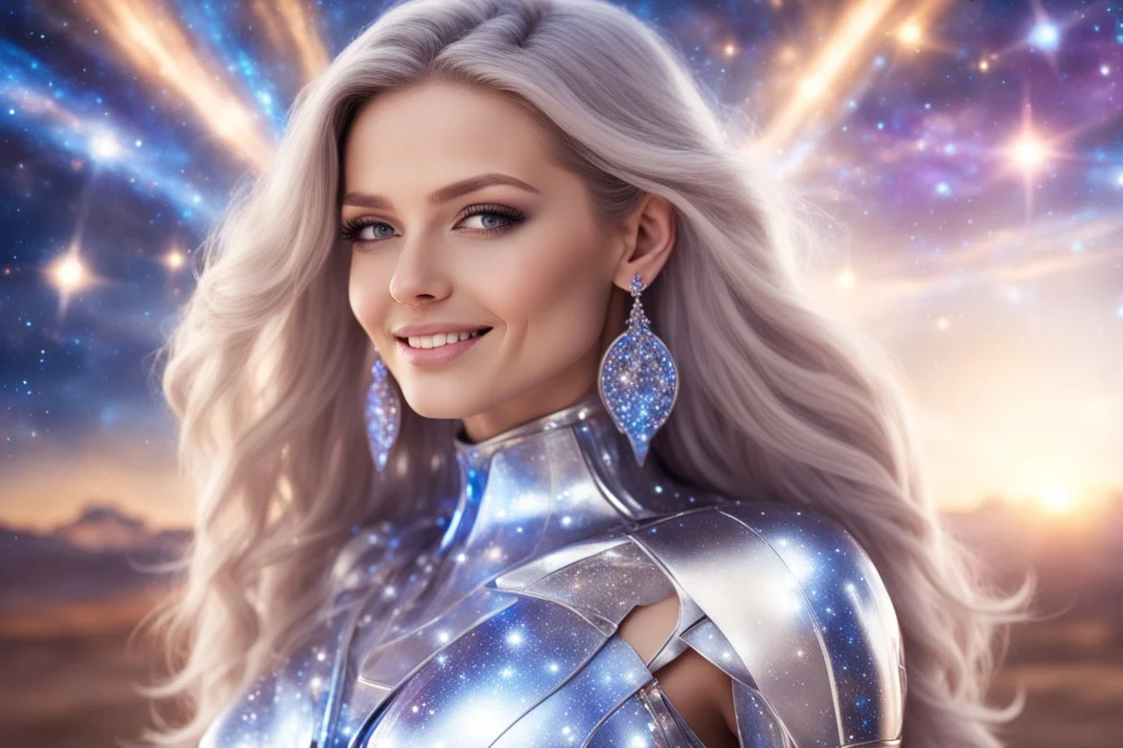 very beautiful cosmic women with long hair, little smile, with cosmic silver metallic suite and brightly earings. in the background there is a bautiful sky with stars and light beam
