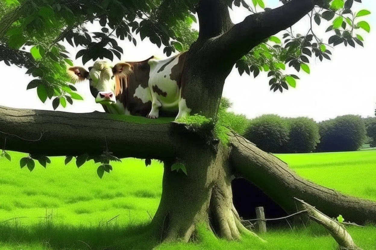 cow stuck in the top of a tree can not get down