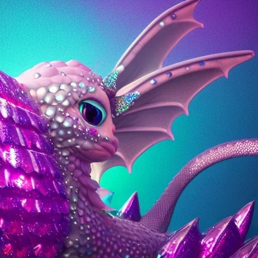 portrait of cute, adorable baby dragon made of crystals and gems, glittery scales, iridescent wings, on a cloud of cotton candy, muted rainbow colors, intricate, fine detail, 8k, sharp, crisp, high-quality, 3d octane render