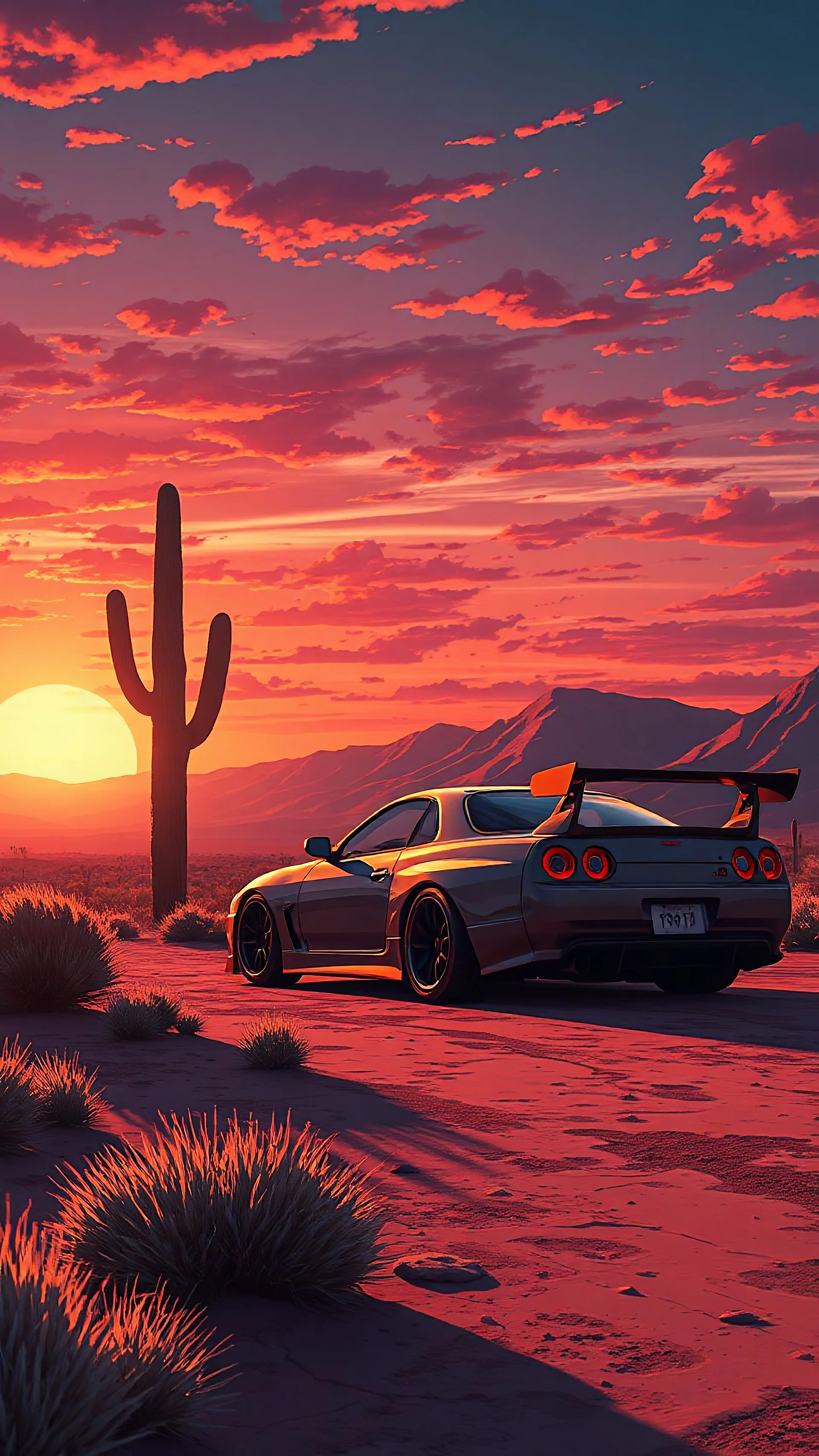 anime style, sunset, desert garden, supra car, cinematic view