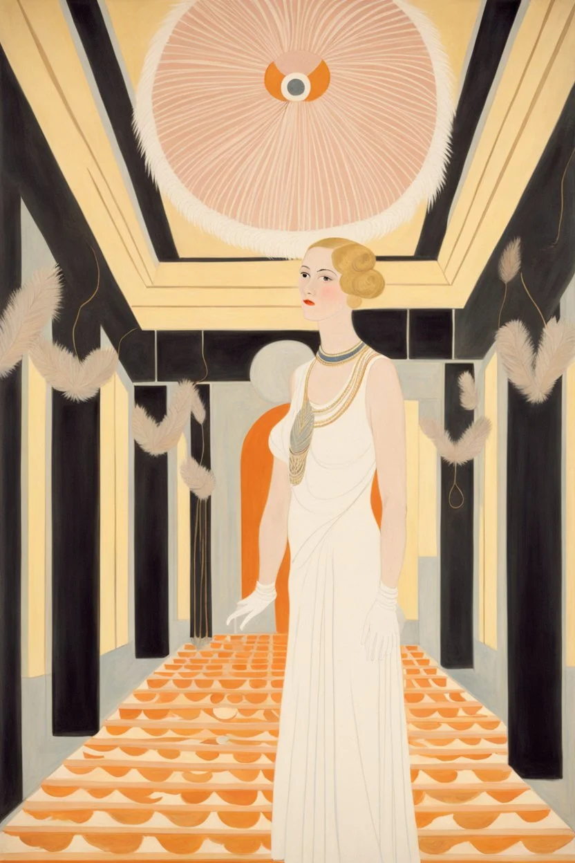 a woman with feathers in an Art Deco foyer by artist "Hilma af Klint"by artist "Erté"