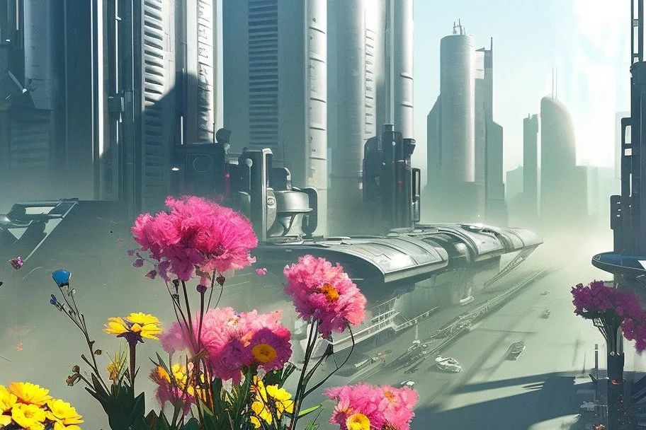 sunny day, flowers, epic, sci-fi, modern contemporary city