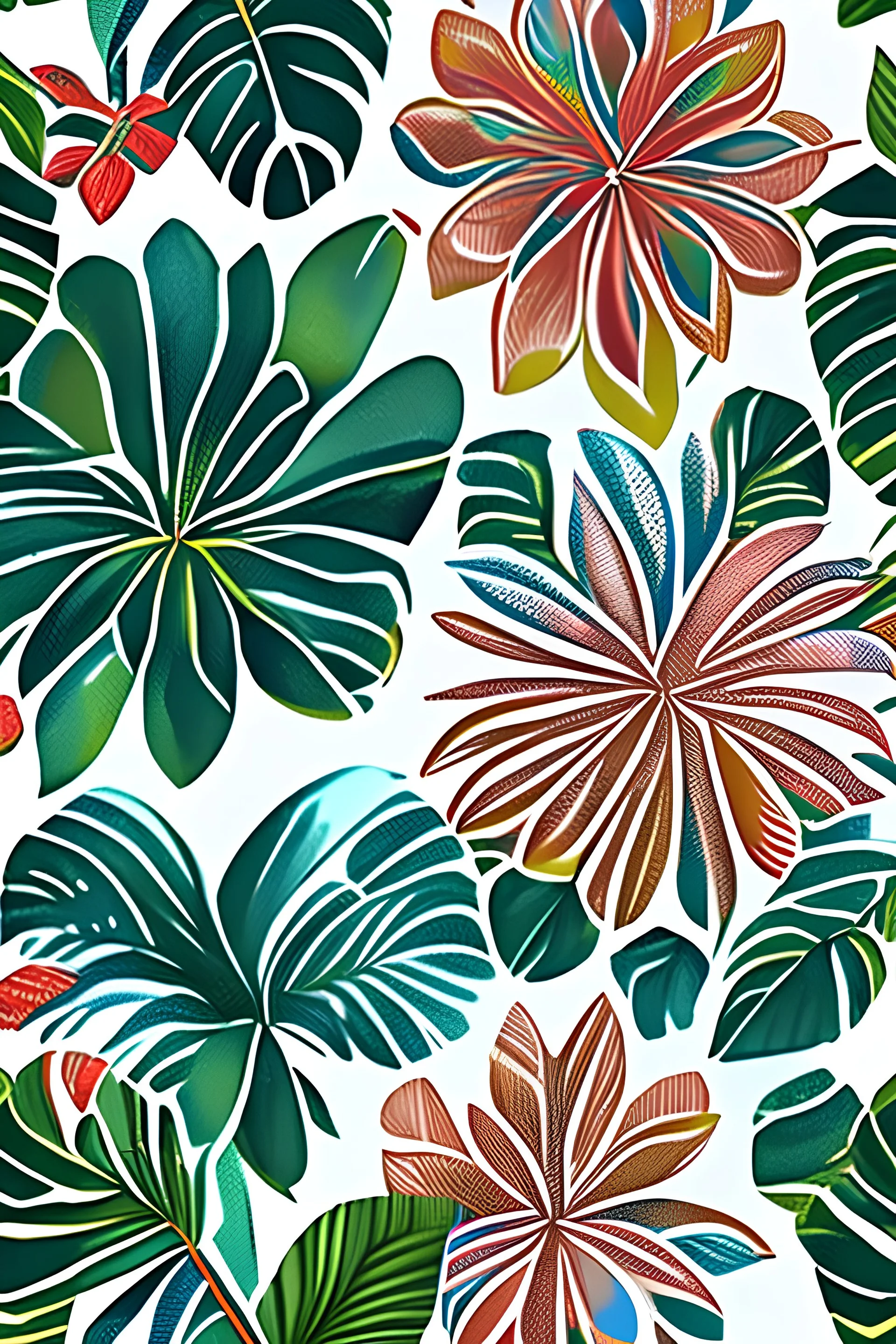 well defined geometric tropical flower design repeat pattern in three colours