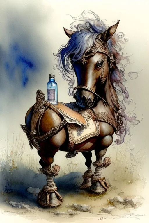 A rocking horse and bottled drinks by Jean-Baptiste Monge, watercolour and ink, extremely detailed, crisp quality, very attractive, fantastic view, award winning in sunshine