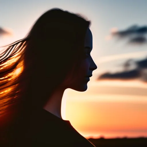 Silhouette of the head of a young lady with long flowing hair in a slight breeze. At sunset in Czech nature.