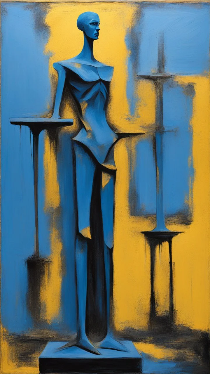 a tough oil brush blue and yellow and black abstract on rough canvas make a surreal figure of a tall and thin sculpture holding the scale of justice in court