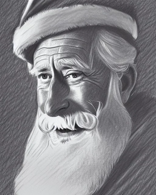 Prince Charles as Santa Claus pencil and charcoal sketch Christmas portrait lighting