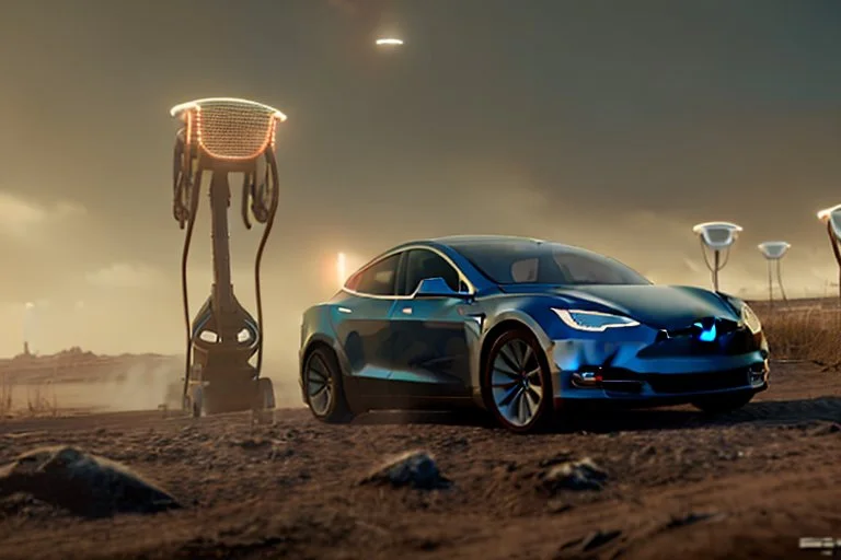 A Tesla 'Model Y' is parked, during the battle of "The War of the Worlds" (of H.G. Wells). (CINEMATIC, WIDE ANGLE LENS, PHOTO REAL)