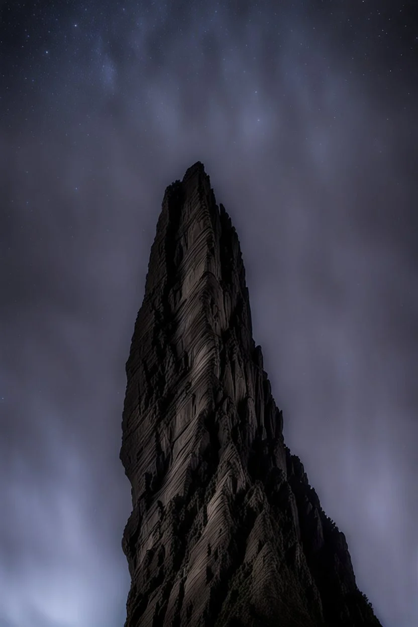 looking up from below at one single mountain pillar cliff sharp face rises out of the misty foreground into the night sky background.
