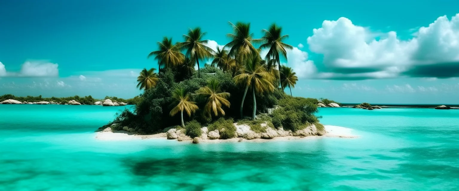 A turquoise blue island with palm trees painted by Antoni Gaudi