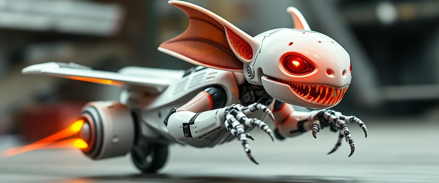 blind contour robot alien eel bat with no teeth, like space ship fighter jet massage master guru fast moving motion blur background, landing wheel gears