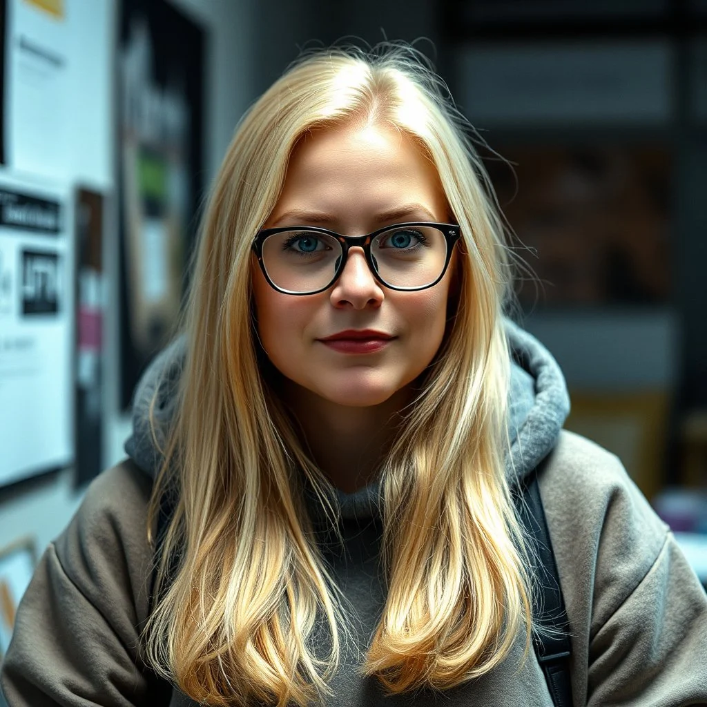 cool blonde hair blonde eyes woman 25 years old rodfessor big fat, smart long hair dark ,,, film maker director,,, wearing glasses yound in a hoody talking about philiophy ton his friends, style life realism