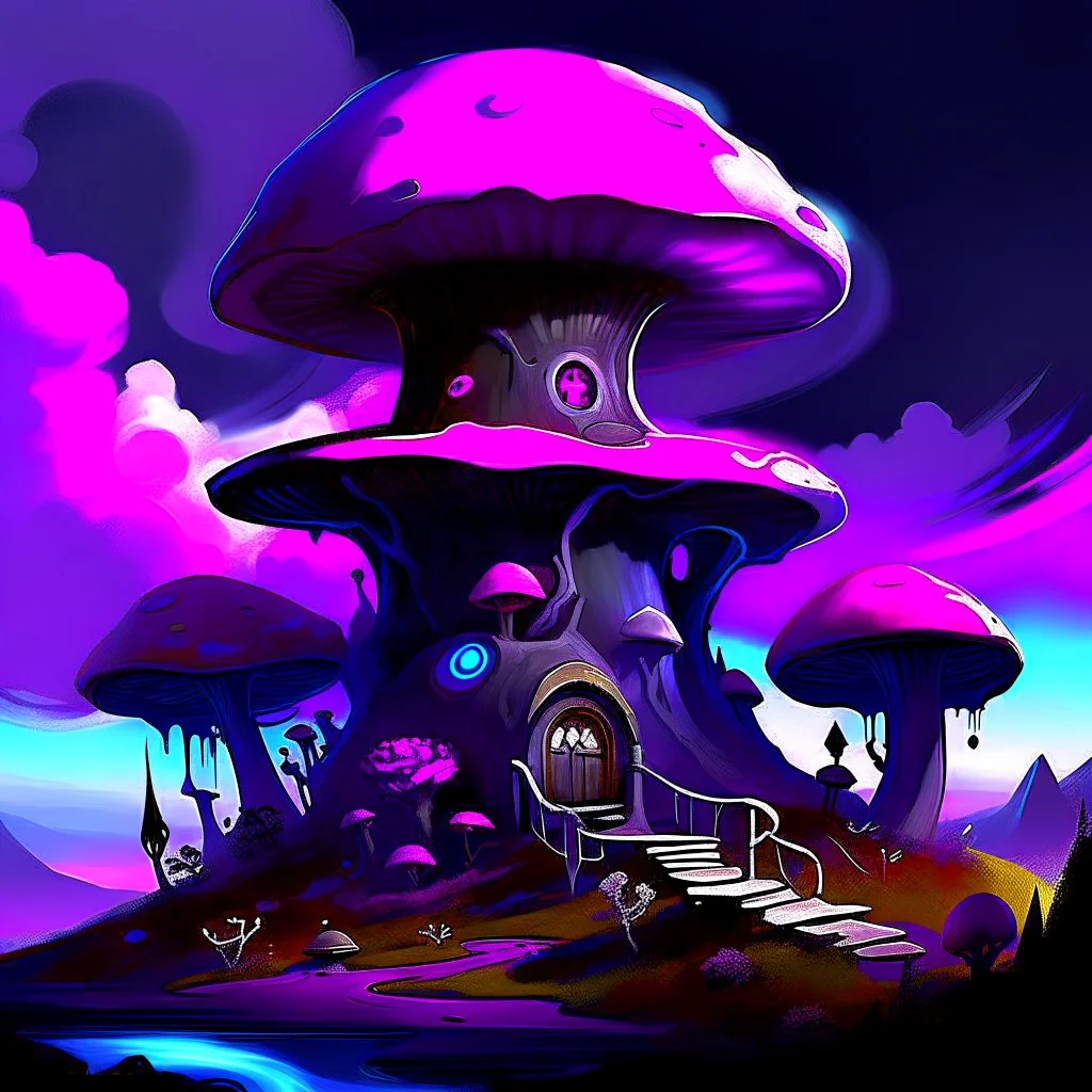 A fantabulous black, magenta and blue (((mushroom tower house))) erected atop a (geologic pillar), surrounded by the uncanny imaginative ((( swirling skies))), offset by the stark hues of a (neon-tinged nebulous space scape), within. captured by the hand a skilled master painter with a focus on (softly blurred compositions and voluminous lighting).