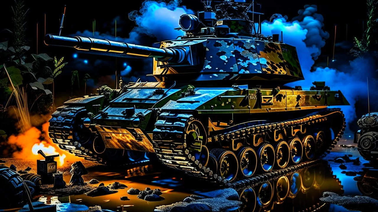 AMPHIBIOUS ATTACK TANK, BIG WHEELS AND CANNON, LIGHTS AND CAMOUFLAGE COLOR WITH SWAMP DARKNESS BACKGROUND