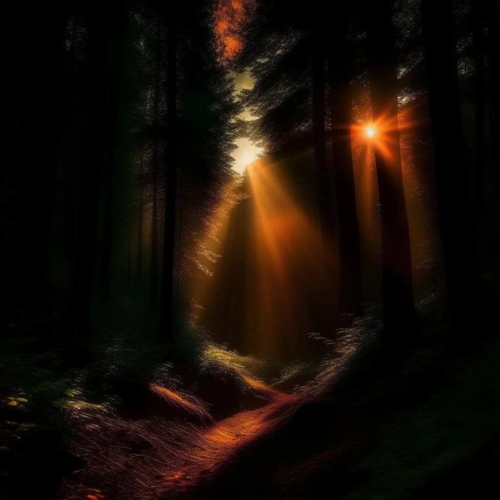 atmospheric deep orange light coming through a dark forest valley