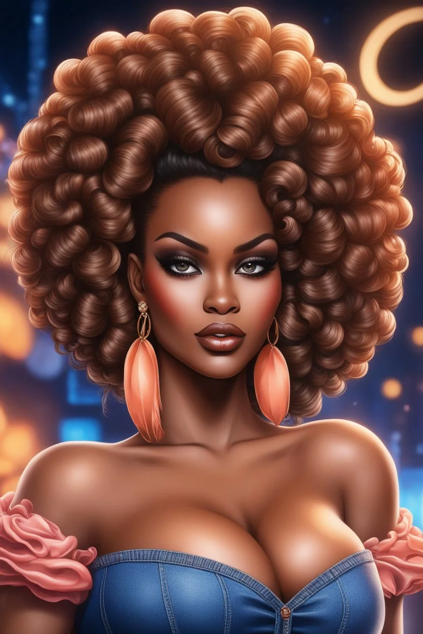 create an airbrush illustration of a curvy black female wearing Tight blue jeans and a peach off the shoulder blouse. Prominent make up with long lashes and hazel eyes. She is wearing brown feather earrings. Highly detailed long black bantu knots. Background of a night club.