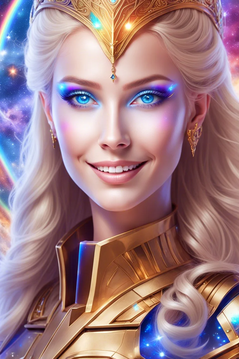 cosmic woman smile, admiral from the future, one fine whole face, crystalline skin, expressive blue eyes,rainbow, smiling lips, very nice smile, costume pleiadian, Beautiful tall woman pleiadian Galactic commander, ship, perfect datailed golden galactic suit, high rank, long blond hair, hand whit five perfect detailed finger, amazing big blue eyes, smilling mouth, high drfinition lips, cosmic happiness, bright colors, blue, pink, gold, jewels, realist, high,rainbow commander