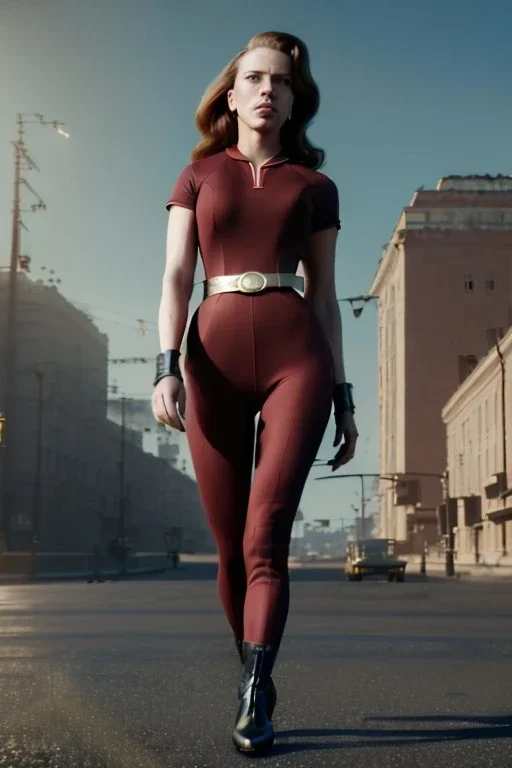 retro portrait image from 1960, Moscow background, wind, long red hair, fighting stance, sweet young Scarlett Johansson, classic black tight lycra suit, weapon, gold bracelet and belt, high heel boots, soft color, highly detailed, unreal engine 5, ray tracing, RTX, lumen lighting, ultra detail, volumetric lighting, 3d, finely drawn, high definition, high resolution.