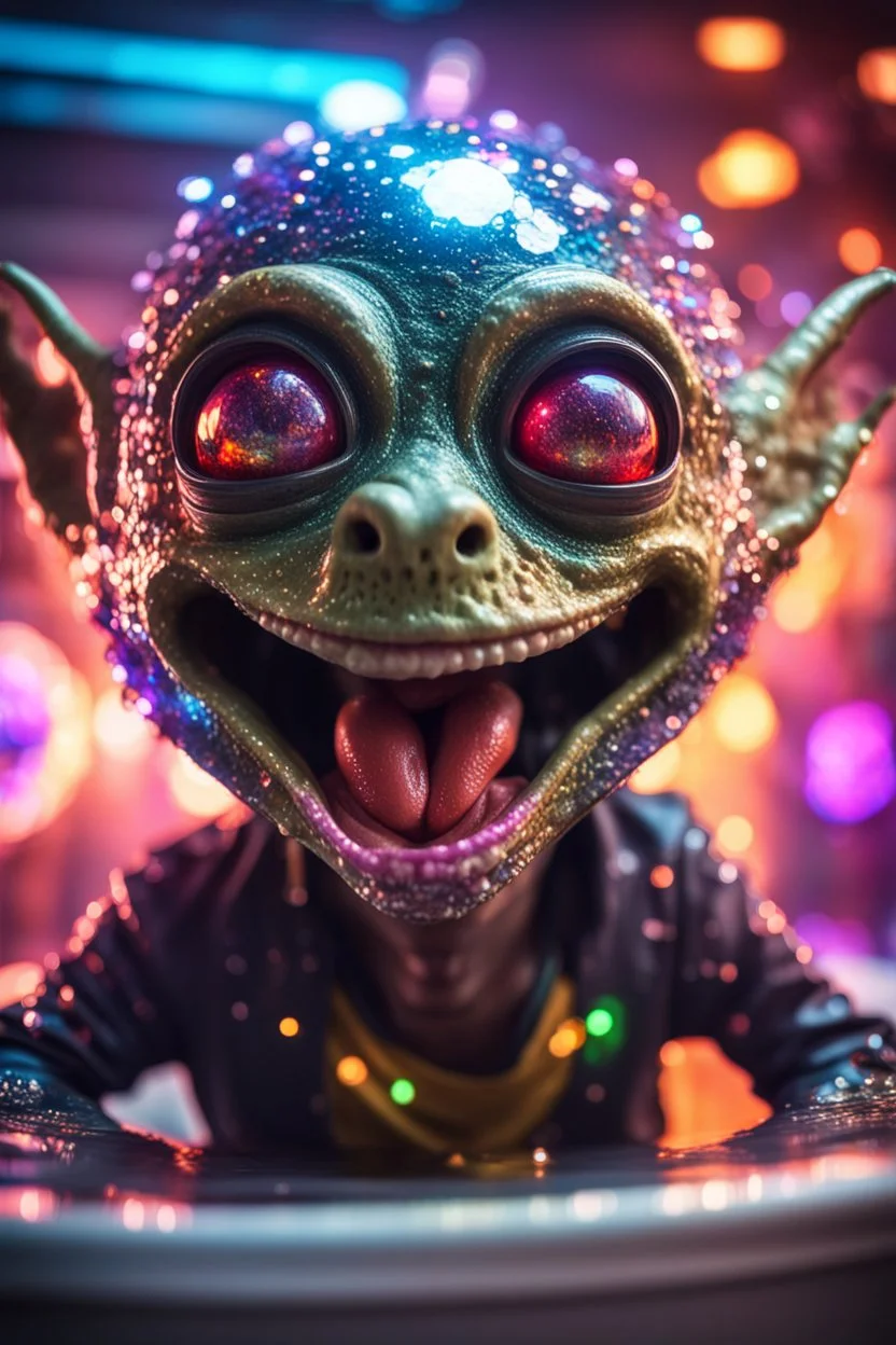 portrait through dirty warped lens of ultimate transcendent happy disco ball helmet wested pimp kobold gremlin alien frown with spotlights and huge dripping forked tounge sticking head out of a bathtub portal, in front of space portal dimensional glittering device, bokeh like f/0.8, tilt-shift lens 8k, high detail, smooth render, down-light, unreal engine, prize winning