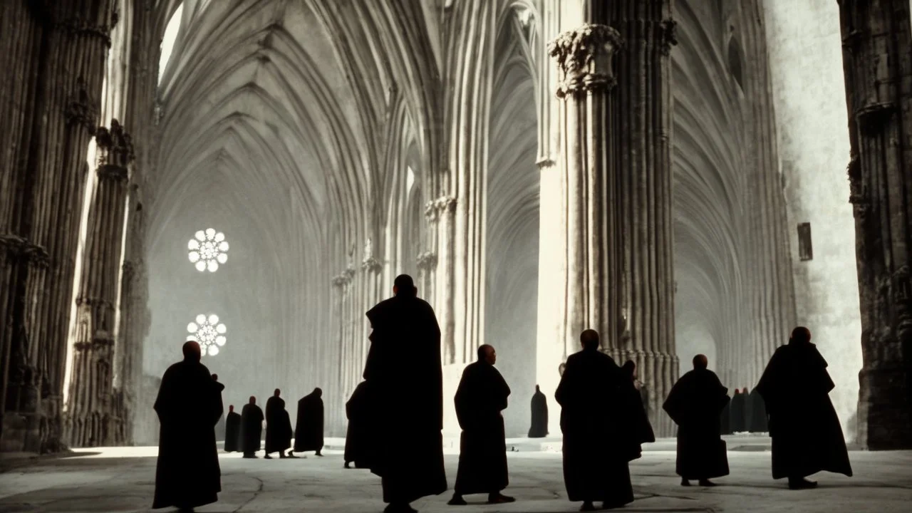 black robed monks standing before a massive cathedral