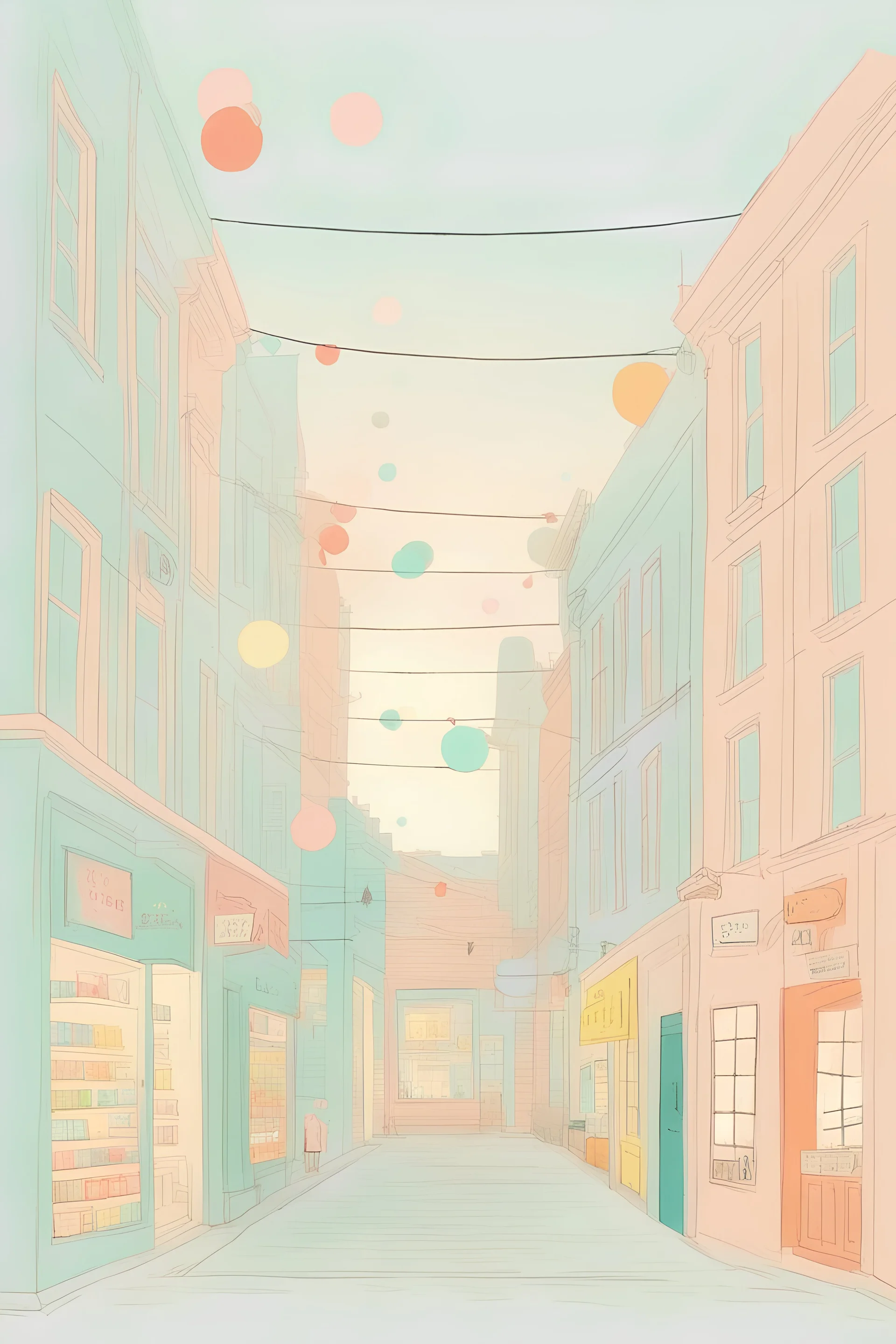 An art piece inspired by the book \'kids book store\' by Oliver Jeffers. Use Oliver Jeffers style with colorfull style, minimal solace, pastel.