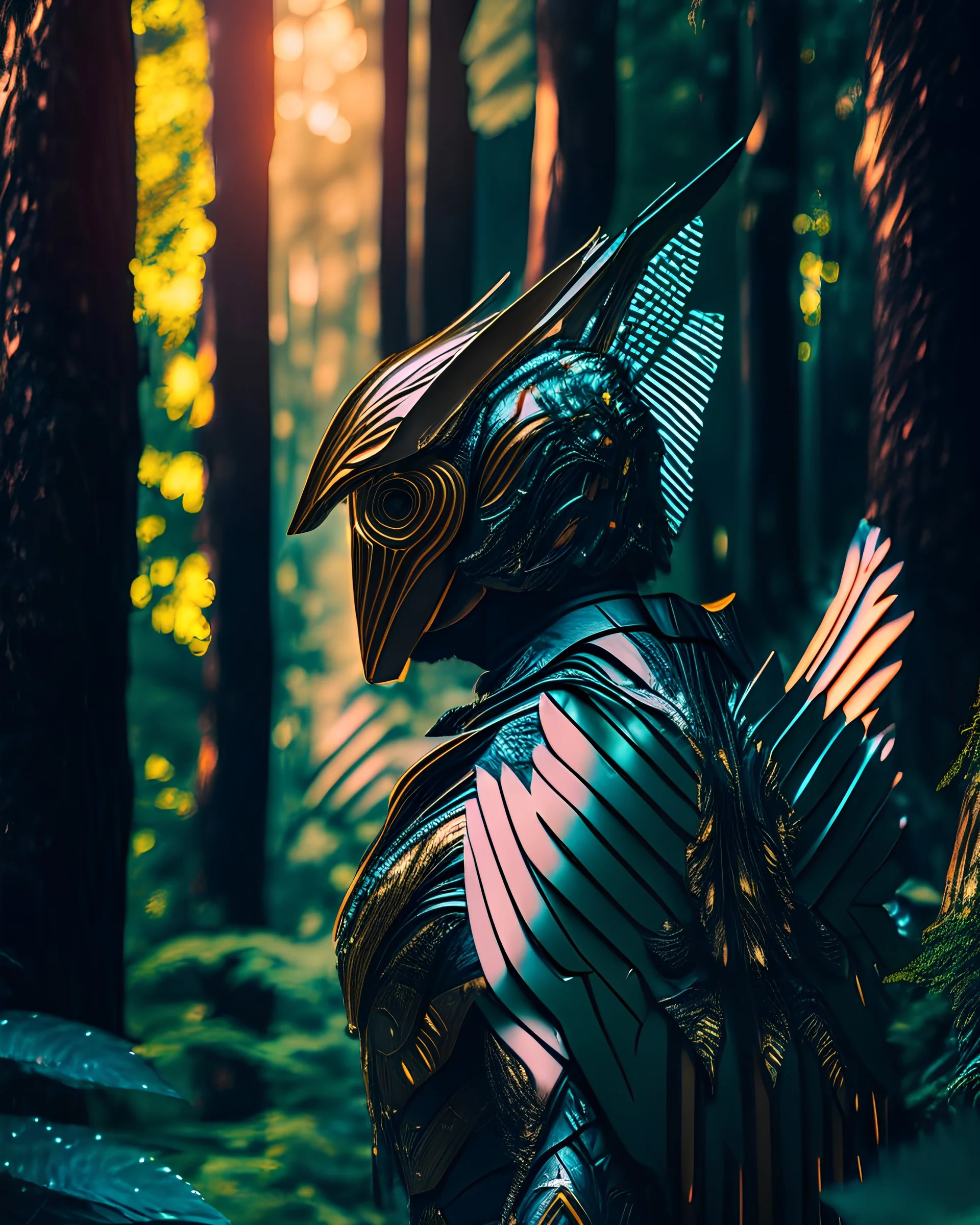 Winged man in the woods futuristic suit hyper-detailed retro 8k art