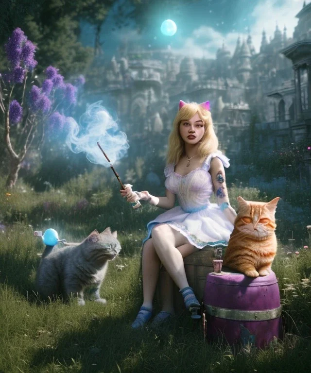 Ultra realistic wonderland photo, happy blonde woman smoking a shisha, blue dress, purple-cat friend, circus dress style, old school tattoo, smoke, marijuana garden, glow eyes, perfect iris, soft color, highly detailed, unreal engine 5, cinematic, ultra detail, volumetric lighting, high definition.